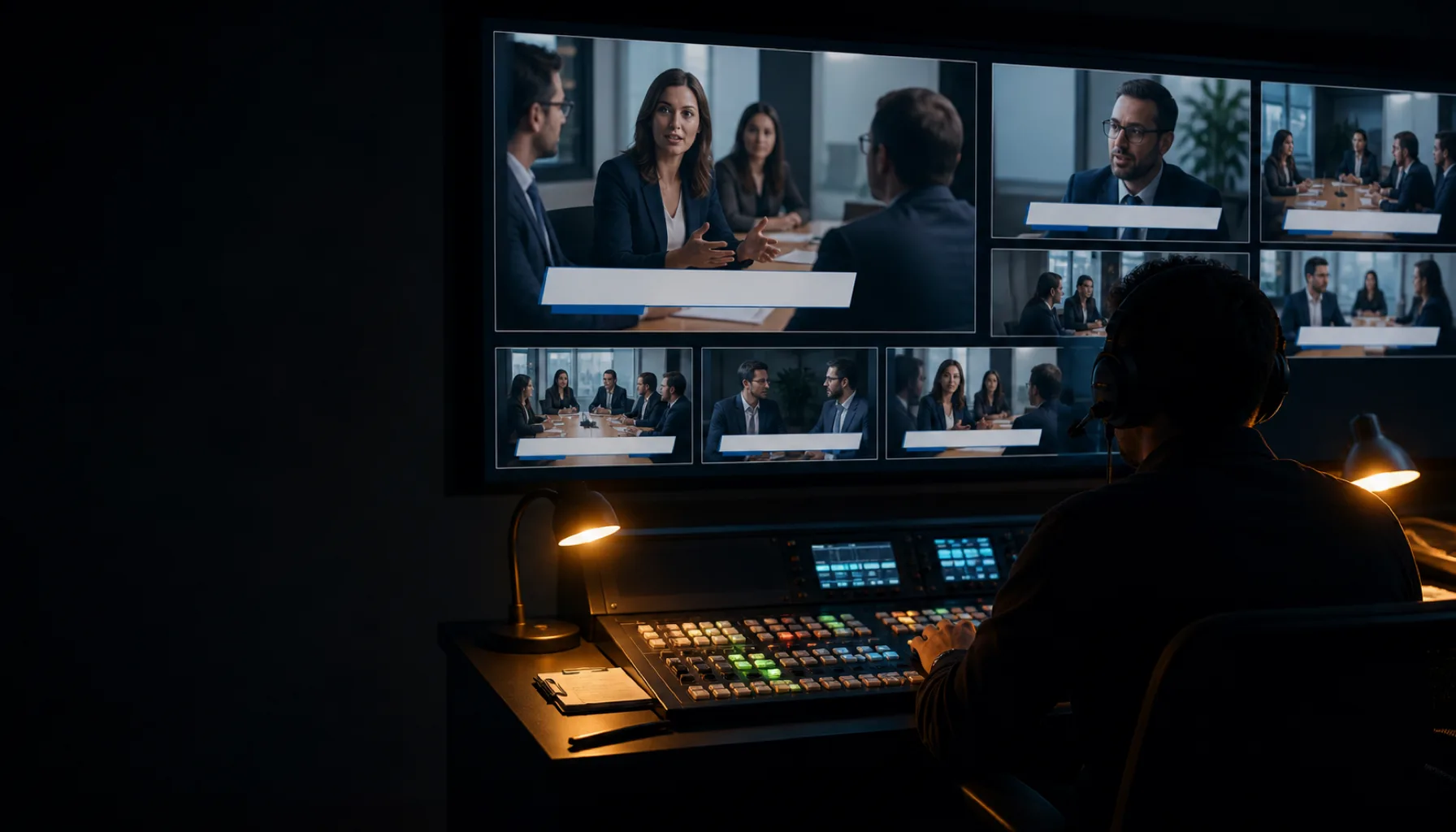 Mock-up, not Mobilearn footage: an illustration of a composed multi-camera broadcast gallery. Owner slot — Mobilearn's own frame replaces this.